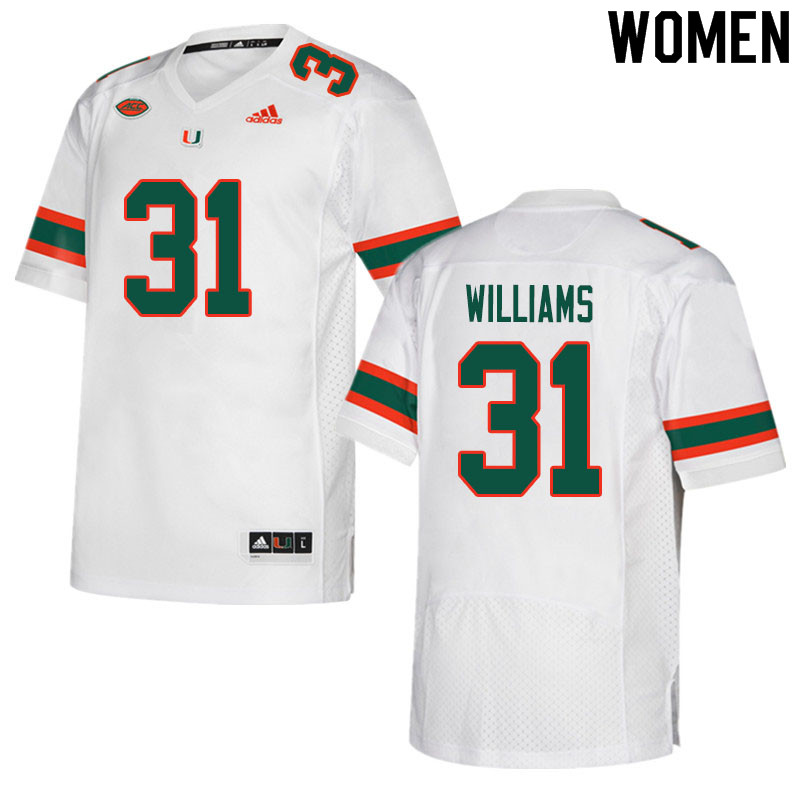 Women #31 Avantae Williams Miami Hurricanes College Football Jerseys Sale-White - Click Image to Close